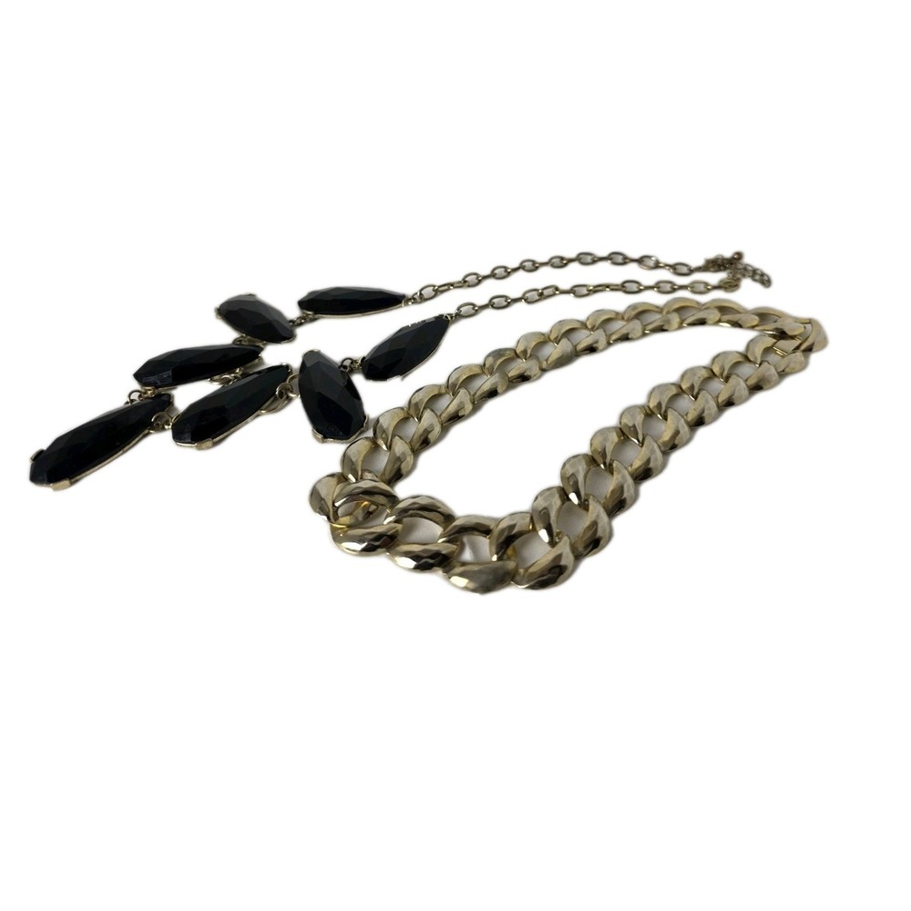 Gold Tone Chunky Curb Chain and Black Marquise‎ Stone Statement Necklace Set